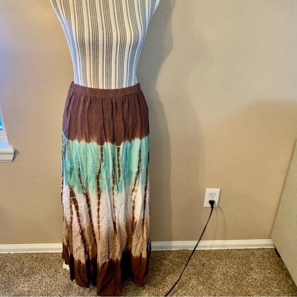 Reba Hobo Skirt Small TieDye Brown Tan Cream Teal Viscose Lined Bohemian - Picture 3 of 13